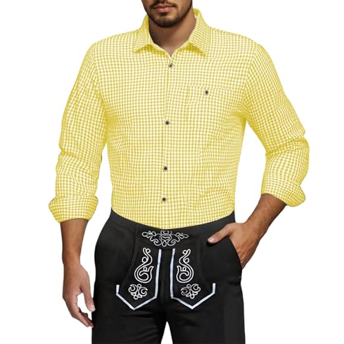 Tracht Herren Trachtenhemd Kariertes Hemd Langarm Slim Fit Karohemd Mit Tasche Baumwolle Freizeithemd Für Oktoberfest Gelb XL von Generisch