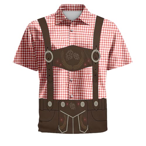 Tracht Oktoberfest Shirt Herren Bier T-Shirt mit Bayerischem Motiv Lederhosen 3D-Grafik für Erwachsene Karneval Oktoberfest Outfit Herren Kariert Kurzarm Oktoberfest Freizeithemd von Generisch