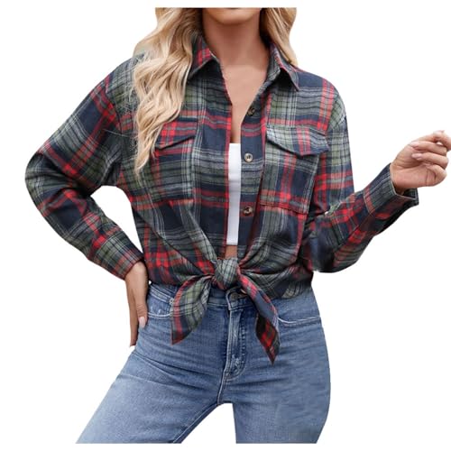 Trachten Oberteil Damen, Trachtenbluse Damen Kariert Hemd Langarm Karohemd Holzfällerhemd Oktoberfest Bluse Elegante Trachtenmieder Hemden Rot/blau/grün Hemdbluse Trachtenhemd von Generisch