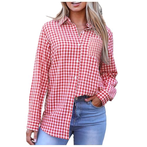 Trachten Oberteil Damen Bluse Kariert Langarm - Hemden Button-Down Trachtenhemd Blusen V-Ausschnitt Holzfällerhemd Tunika Karohemd Roll Up Ärmel Knopfleiste Weiches Gestrick Casual Hemdbluse von Generisch