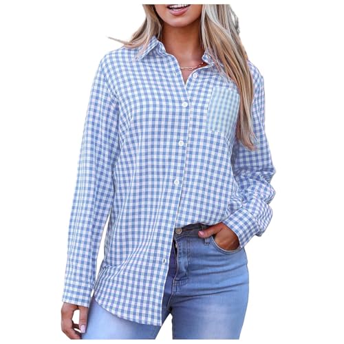 Trachten Oberteil Damen Bluse Kariert Langarm - Hemden Button-Down Trachtenhemd Blusen V-Ausschnitt Holzfällerhemd Tunika Karohemd Roll Up Ärmel Knopfleiste Weiches Gestrick Casual Hemdbluse von Generisch