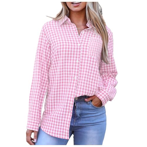 Trachten Oberteil Damen Bluse Kariert Langarm - Hemden Button-Down Trachtenhemd Blusen V-Ausschnitt Holzfällerhemd Tunika Karohemd Roll Up Ärmel Knopfleiste Weiches Gestrick Casual Hemdbluse von Generisch
