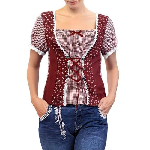 Trachten Oberteil Damen Trachtenbluse Damen Oktoberfest Outfit Bayrische Karierte Bluse Oberteil Trachten Hemd GroßE GrößEn Trachtenshirt Trachtenmode Trachtenhemd FüR Oktoberfest von Generisch