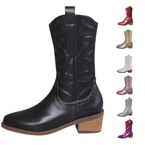 Trachten Stiefeletten Damen Western Boots Damen Wide Fit Cowboystiefel FüR Leder SchöNe Bestickte NäHte Westernstiefel Klassisch VintageüBergrößE Niedriger Stiefeletten Leder von Generisch
