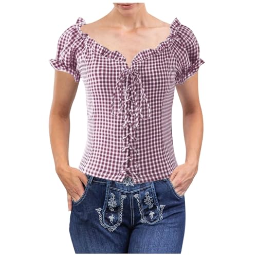Trachtenbluse Damen Bluse Rot/Weiss Kariert Traditionelle Taillierte Trachten mit V-Ausschnitt Kurzarm, Moderne Bayrische Karierte Bluse Oktoberfest Outfit Dirndlbluse S-XL von Generisch