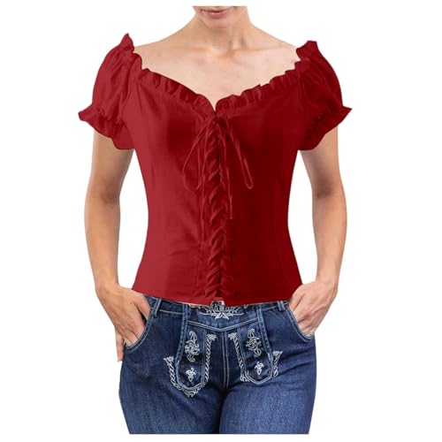 Trachtenbluse Damen Bluse Rot/Weiss Kariert Traditionelle Taillierte Trachten mit V-Ausschnitt Kurzarm, Moderne Bayrische Karierte Bluse Oktoberfest Outfit Dirndlbluse S-XL von Generisch