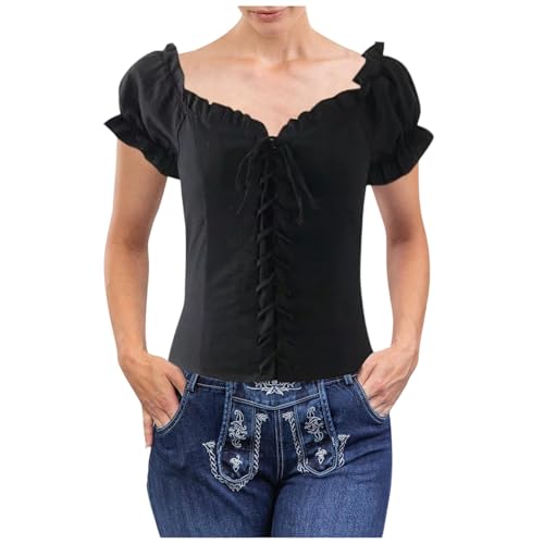 Trachtenbluse Damen Bluse Rot/Weiss Kariert Traditionelle Taillierte Trachten mit V-Ausschnitt Kurzarm, Moderne Bayrische Karierte Bluse Oktoberfest Outfit Dirndlbluse S-XL von Generisch