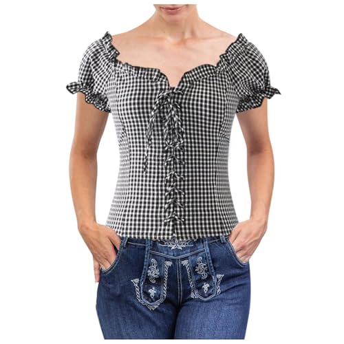 Trachtenbluse Damen Bluse Rot/Weiss Kariert Traditionelle Taillierte Trachten mit V-Ausschnitt Kurzarm, Moderne Bayrische Karierte Bluse Oktoberfest Outfit Dirndlbluse S-XL von Generisch