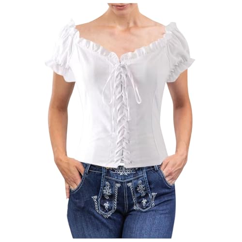 Trachtenbluse Damen Bluse Rot/Weiss Kariert Traditionelle Taillierte Trachten mit V-Ausschnitt Kurzarm, Moderne Bayrische Karierte Bluse Oktoberfest Outfit Dirndlbluse S-XL von Generisch