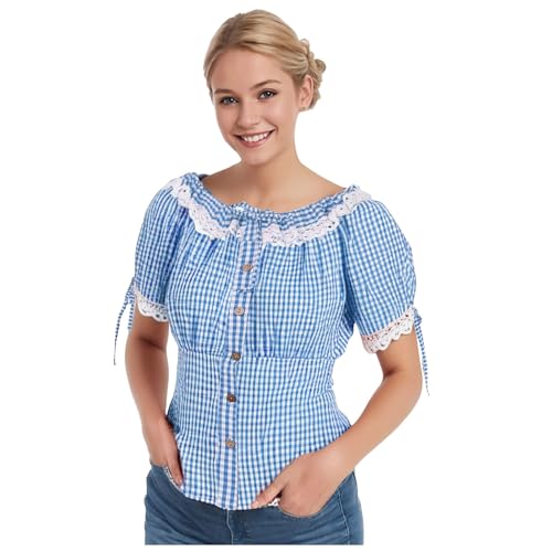 Generisch Trachtenbluse Damen Karierte Bluse Kurzarmhemd Damen Oktoberfest Outfit Traditionelle Taillierte Trachten Bluse Mit Stehkragen & HerzknöPfen Trachten Oberteil Trachtenblusen Trachtenshirt von Generisch