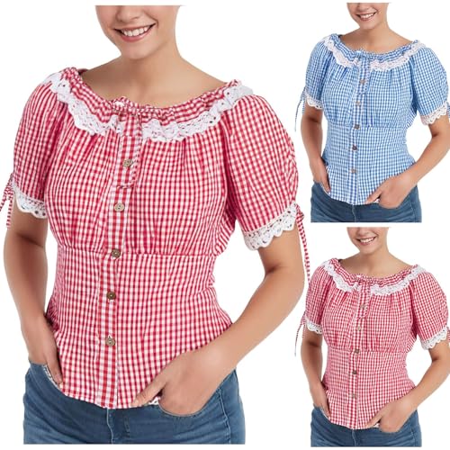 Generisch Trachtenbluse Damen Karierte Bluse Kurzarmhemd Damen Oktoberfest Outfit Traditionelle Taillierte Trachten Bluse Mit Stehkragen & HerzknöPfen Trachten Oberteil Trachtenblusen Trachtenshirt von Generisch