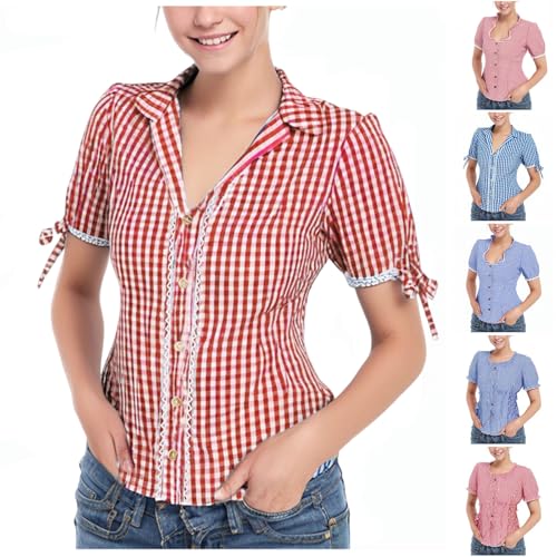 Generisch Trachtenbluse Damen Karierte Bluse Kurzarmhemd Damen Oktoberfest Outfit Traditionelle Taillierte Trachten Bluse Mit Stehkragen & HerzknöPfen Trachten Oberteil Trachtenblusen Trachtenshirt von Generisch
