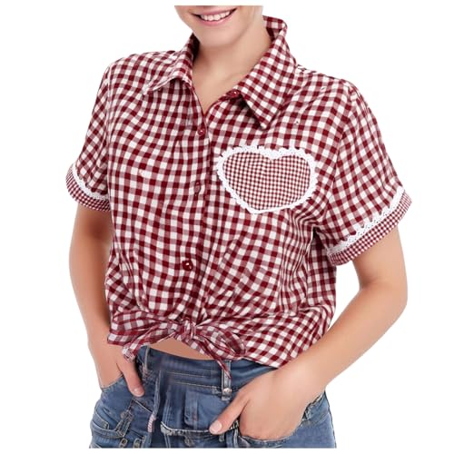 Trachtenbluse Damen Karierte Bluse Kurzarmhemd Oktoberfest Outfit Traditionelle Taillierte Trachten Bluse Stehkragen HerzknöPfen Trachten Oberteil Trachtenbluse Hemd Weiches Holzfällerhemd Oktoberfest von Generisch