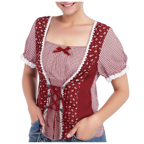 Trachtenbluse Damen Karierte Bluse Kurzarmhemd Oktoberfest Outfit Traditionelle Taillierte Trachten Bluse Stehkragen HerzknöPfen Trachten Oberteil Trachtenbluse Hemd Weiches Holzfällerhemd Oktoberfest von Generisch