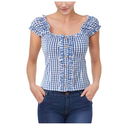 Trachtenbluse Damen Modern Karierte Bluse Große Größen Bayrische Oktoberfest Oberteile Bavarian Karneval Outfit Damen Trachten Bluse mit Stehkragen&HerzknöPfen Carmenstil Kariert Kurzarm Dirndlbluse von Generisch