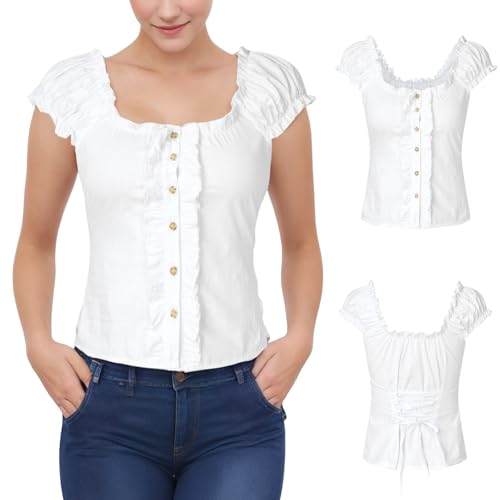 Trachtenbluse Damen Rot Kariert Traditionelle Taillierte Trachten Bluse 2024 Kurzarm Dirndl Bluse Trachtenmode Trachtenblusen Oktoberfest Kostüm Traditionelle Blusen Trachtenshirt (b-White, L) von Generisch