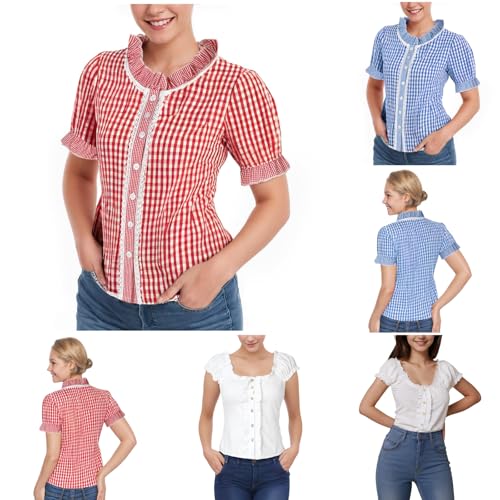 Trachtenbluse Damen Rot Weiss Kariert Trachten Bluse Kurzarm Trachtenmode Trachtenblusen Oktoberfest Kostüm Dirndl Bluse Traditionelle Blusen Moderen Bayerische Trachtenshirt Dirndlbluse von Generisch