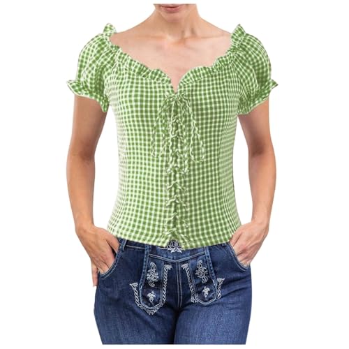 Trachtenbluse Damen Weiß,Oktoberfest Damen Trachtenbluse Rot Kariert Traditionelle Trachten Bluse Kurzarm Mit Spitze Oktoberfest Outfit Mit U-Ausschnitt & Herzknöpfen Trachtenshirt Dirndlbluse Grün S von Generisch