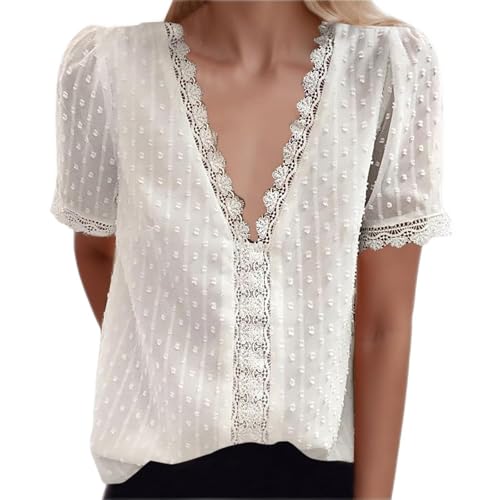 Trachtenbluse Damen weiß 48 42 44 XXL, Spitze T-Shirt Elegantes Hemd Trachtenblusen Elegant Sommer Bluse Spitzenbluse V-Ausschnitt Oberteile Boho Tunika Festliche Blusen Sommerbluse von Generisch