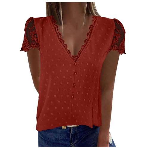 Trachtenbluse Damen weiß 48 42 44 XXL, Spitze T-Shirt Elegantes Hemd Trachtenblusen Elegant Sommer Bluse Spitzenbluse V-Ausschnitt Oberteile Boho Tunika Festliche Blusen Sommerbluse von Generisch