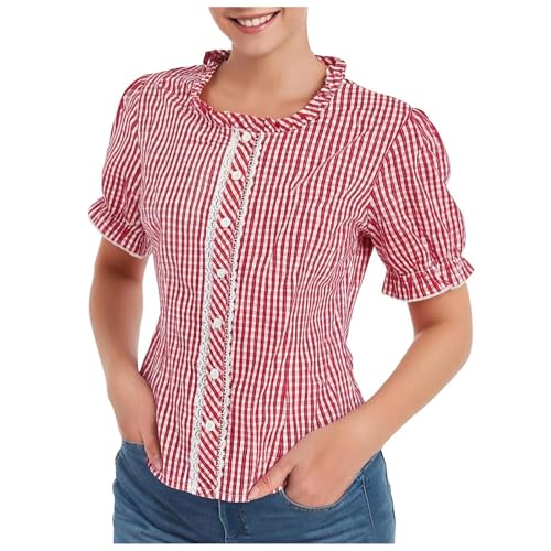 Trachtenbluse Oktoberfest Damen Trachtenbluse Rot Kariert Traditionelle Trachten Bluse Kurzarm Spitze Outfit Herzknöpfen Trachtenshirt Dirndlbluse Trachtenhemd Freizeithemd Oberteil Trachtenoberteil von Generisch