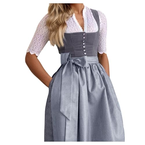 Trachtenkleid Damen Dirndlkleid Trachtenmode Midi Bayerisches Dirndl Kleid für Damen Lang Wiesn Outfit Elegant Retro Kleider Festlich inkl. Dirndlschürze für Oktoberfest Besondere Anlässe von Generisch