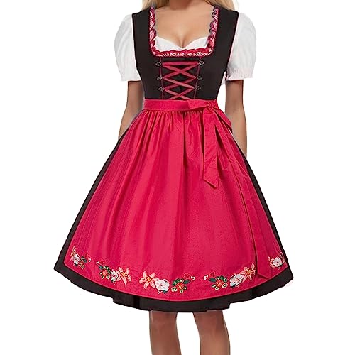 Trachtenrock Damen; 3Tlg Oktoberfest Midi Midi Dirndl Grosse Grössen Spitzenschürze Schwarz Dirndel Weiß Lang dirndlbluse Trachten Rot Günstig Midi Trachtenkleid Dirndl Gr.S-3XL von Generisch