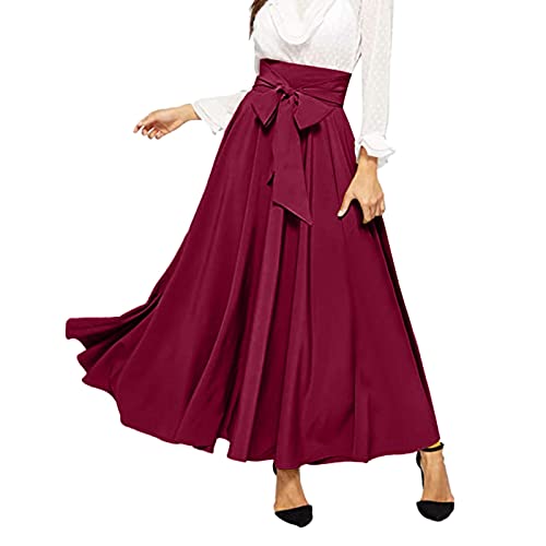Trachtenrock Lang | Damenrock Lang Midi Sommer | Plissee Rock Damen Eleganter Strandrock Hohe Elastische Taille Freizeitrock Mit Schleife Langer Rock Flowy Maxirock A Linie Vielseitiger Long Skirt von Generisch