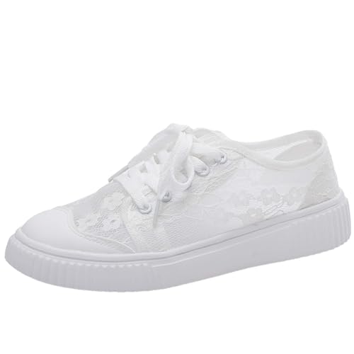 Trachtenschuhe Damen Flach Trachten Sneaker Damen Spitzen Sneaker Flache Freizeitschuhe mit Blumenmuster Bequeme Atmungsaktive Schnürschuhe mit weicher Sohle für Alltag, Reisen & (02 White, 37) von Generisch