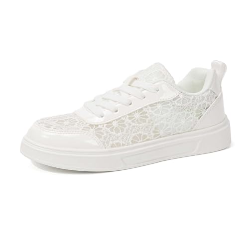 Trachtenschuhe Damen Flach Trachten Sneaker Damen Spitzen Sneaker Flache Freizeitschuhe mit Blumenmuster Bequeme Atmungsaktive Schnürschuhe mit weicher Sohle für Alltag, Reisen & (03 White, 40) von Generisch