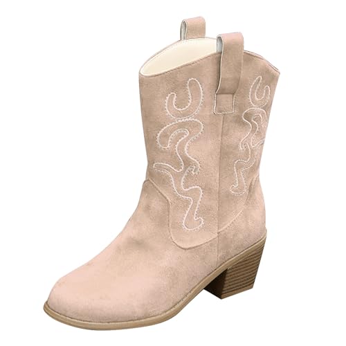 Trachtenschuhe Damen Wildleder - Cowboystiefel Damen Hoch Bestickte Übergangsstiefel Weiter Schaft Halbstiefel Westernstiefel Breiter Absatz Kurzstiefel Schlupfstiefel Reitstiefel Stöckelschuhe von Generisch