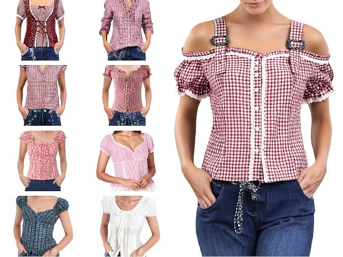 Trachtenshirt Damen Damen Bluse Trachtenbluse Jasmin rot/Weiss kariert traditionelle taillierte Trachten mit Stehkragen & Herzknöpfen Kurzarm Moderne bayrische von Generisch