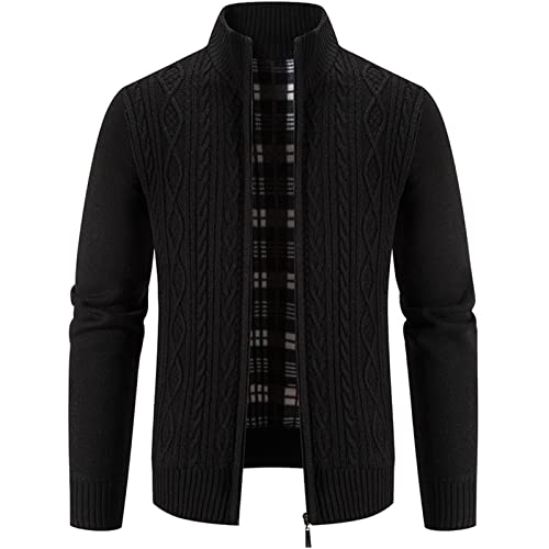 Trachtenstrickjacke Herren Cardigan Trachten Wolljacke mit Reissverschluss Wintermantel Dicker Warm Pullover ohne Kapuze Langarm Outdoor Winter Strickjacke Freizeitjacke Männer​, Schwarz, XXL von Generisch