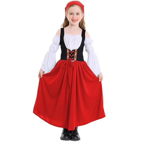 Tradition Mädchen Oktoberfest Kleid Dirndl TLG Kleid Bluse Schürze für dirndlschürze Mädchen Oktoberfest Kirchweih Hochzeit Sonntagausflug rosa rot mit Röschen Dirndl von Generisch