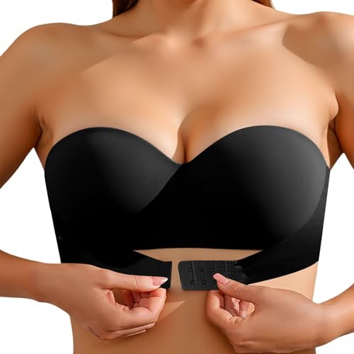 Trägerloser Bh Große Größen, Trägerloser Bh Push Up Ohne Bügel Bralette Große Größen Verschluss Vorne Bequem Bandeau Top Rutschfester Seamless Strapless Bra, Schwarz L von Generisch