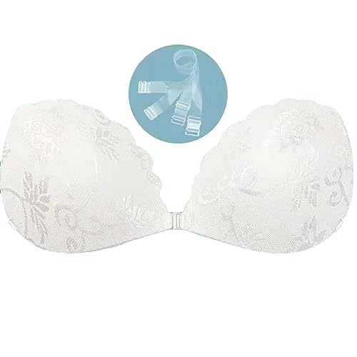 Trägerloser Große Größen Damen Klebe-BH Push Up Trägerloser BH Klebe-BH Rückenfreier BH Spitzen-BH Wiederverwendbare Brustwarzenabdeckungen für Rückenfreie Kleidung Badeanzug Brautkleid (White, D) von Generisch