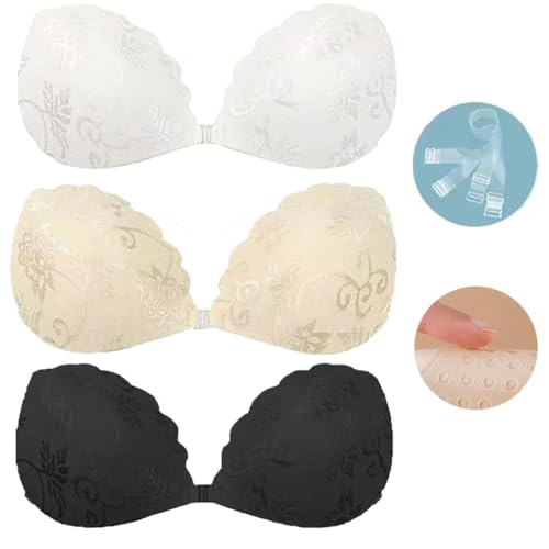 Trägerloser Große Größen Damen Klebe-BH Push Up Trägerloser BH Klebe-BH Rückenfreier BH Spitzen-BH Wiederverwendbare Brustwarzenabdeckungen für Rückenfreie Kleidung Badeanzug Brautkleid (Beige, A) von Generisch