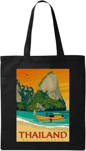 Tragetasche aus natürlicher ökologischer Baumwolle, Motiv: Thailand, Railay, Strand, Reisen, Poster, Schwarz, Schwarz , Einheitsgröße von Generisch