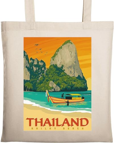 Tragetasche aus natürlicher ökologischer Baumwolle, Motiv: Thailand Railay Beach Travel Poster Art Beige Tragetasche aus natürlicher ökologischer Baumwolle, Motiv: Thailand Railay Beach Travel Poster Art Beige von Generisch