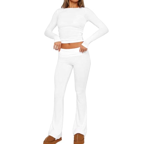 Trainingsanzug, Langarmshirt Damen, Langarmshirt Damen Weiss, Top, Damen Baumwoll Loungewear Set Oberteil Y2k Enge Schlaghose Set GeschnitteneYoga Trainingsanzug Zweiteiliger Outfit Schmal Lounge Set von Generisch
