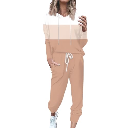 Trainingsanzug Damen 2 Teilig Kuschelig Jogginganzug Damen Set mit Kapuze Gestreift Hosenanzug Damen Elegant Sportlich 2 Teiler Jogging Anzug Frauen Langarm Zweiteiler Farbblock Freizeitanzug von Generisch