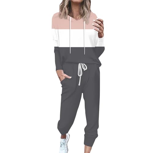 Trainingsanzug Damen 2 Teilig Kuschelig Jogginganzug Damen Set mit Kapuze Gestreift Hosenanzug Damen Elegant Sportlich 2 Teiler Jogging Anzug Frauen Langarm Zweiteiler Farbblock Freizeitanzug von Generisch