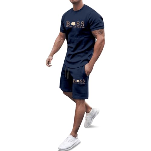 Trainingsanzug Herren 2 Teiler Jogginganzug Bequeme Sommer Outfit Oversized Sport Kleidung Zweiteiler Männer Fitnessanzug Kurzarm T-Shirt + Kurze Hose Schlafanzug Loungewear von Generisch