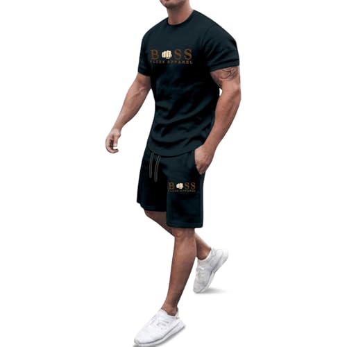 Trainingsanzug Herren 2 Teiler Jogginganzug Bequeme Sommer Outfit Oversized Sport Kleidung Zweiteiler Männer Fitnessanzug Kurzarm T-Shirt + Kurze Hose Schlafanzug Loungewear von Generisch