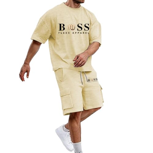 Trainingsanzug Herren 2 Teiler Mode Jogginganzug Bequeme Sommer Outfit Sport Kleidung Zweiteiler Freizeitanzug Fußball Sportanzug Oversized Kurzarm T-Shirt + Kurze Cargohose Y2K Streetwear Beige L von Generisch