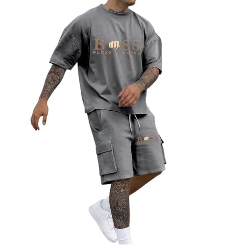 Trainingsanzug Herren 2 Teiler Mode Jogginganzug Bequeme Sommer Outfit Sport Kleidung Zweiteiler Freizeitanzug Fußball Sportanzug Oversized Kurzarm T-Shirt + Kurze Cargohose Y2K Streetwear Grau XXXL von Generisch