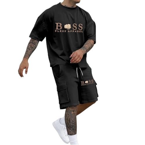 Trainingsanzug Herren 2 Teiler Mode Jogginganzug Bequeme Sommer Outfit Sport Kleidung Zweiteiler Freizeitanzug Fußball Sportanzug Oversized Kurzarm T-Shirt + Kurze Cargohose Y2K Streetwear Schwarz XL von Generisch