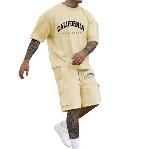 Trainingsanzug Herren 2 Teiler Y2K Oversized Jogginganzug Streetwear Bequeme Sommer Outfit Sport Kleidung Zweiteiler Männer Fitnessanzug Kurzarm T-Shirt + Kurze Cargohose Freizeitanzug Trainingsanzug Herren 2 Teiler Y2K Oversized Jogginganzug Streetwear Bequeme Sommer Outfit Sport Kleidung Zweiteiler Männer Fitnessanzug Kurzarm T-Shirt + Kurze Cargohose Freizeitanzug von Generisch