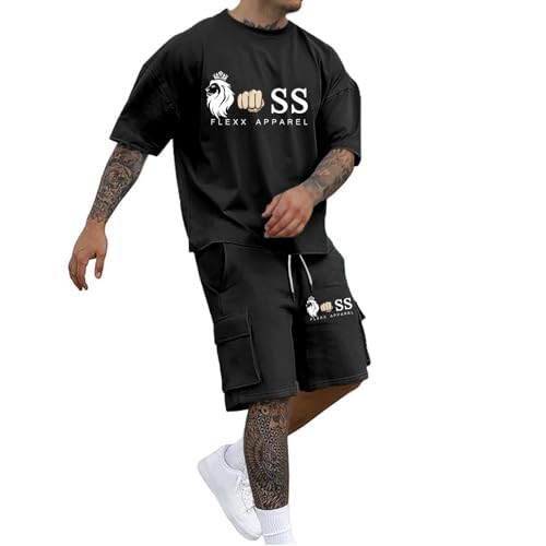 Trainingsanzug Herren 2 Teiler Y2K Oversized Jogginganzug Streetwear Bequeme Sommer Outfit Sport Kleidung Zweiteiler für Männer Fitnessanzug Kurzarm T-Shirt + Kurze Cargohose Freizeitanzug Trainingsanzug Herren 2 Teiler Y2K Oversized Jogginganzug Streetwear Bequeme Sommer Outfit Sport Kleidung Zweiteiler für Männer Fitnessanzug Kurzarm T-Shirt + Kurze Cargohose Freizeitanzug von Generisch