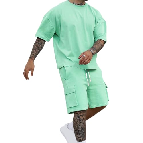 Trainingsanzug Herren 2-Teiliges Outfit Sets Sommerliche Mode T Shirt Zweiteiler Rundhal Anzüge Sport Set Kurzarm T Shirts + Kurze Hosen Set Sommer Cargo Shirt und Shorts Freizeit Sportanzug von Generisch